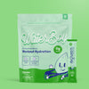 Packet of Waterboy hydration mix on a green background.