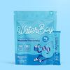 Blue Waterboy hydration packet with electrolytes and vitamins on a light blue background.