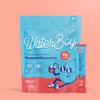 WaterBoy recovery drink packaging with a blue, cartoon water drop character on a pink background.