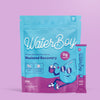 A blue and pink Waterboy muscle recovery supplement packet against a purple background.