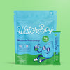 Blue WaterBoy hydration powder package on a bright green background.