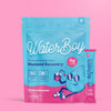 Colorful packaging for Water Boy hydration product against a pink background.